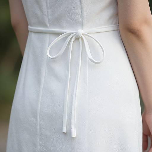 Close-up photograph of a person's back wearing a white, textured, sleeveless dress with a tied ribbon at the waist.