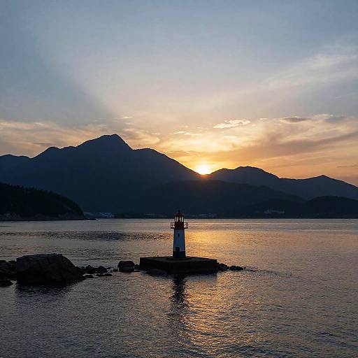 Sunset Coastal Lighthouse with Mountain Silhouettes