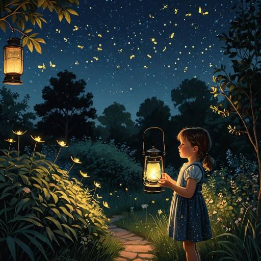 Little Girl with Lantern Admiring Fireflies Little Girl with Lantern Admiring Fireflies