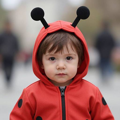 Photograph of a young boy with fair skin and brown hair, wearing a red hooded jacket with black polka dots and black antennae, standing