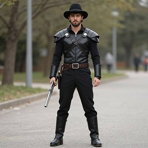 Photograph of a bearded man in black leather cowboy-style police uniform, black hat, holding a gun, standing on a suburban street.