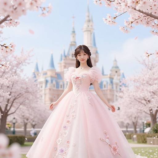 Photograph of an Asian woman with long black hair in a pink, floral-embellished ball gown, standing in a cherry blossom grove with