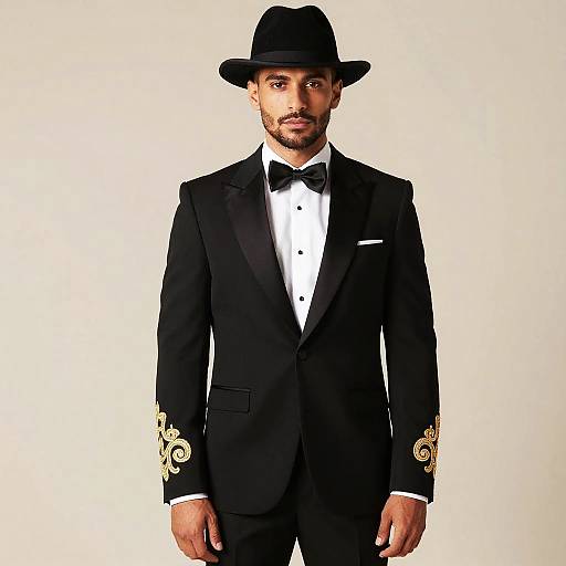 Man in Black Suit with Gold Embroidered Sleeves and Hat