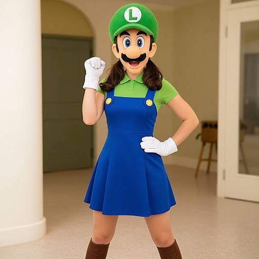 Digital artwork of a female character with Luigi's green hat, blue dress, green shirt, white gloves, brown boots, and dark hair, standing confidently