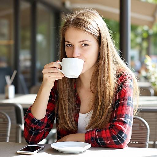 Photograph of a young woman with long brown hair, wearing a red plaid shirt, sipping from a white cup at an outdoor café. Bright