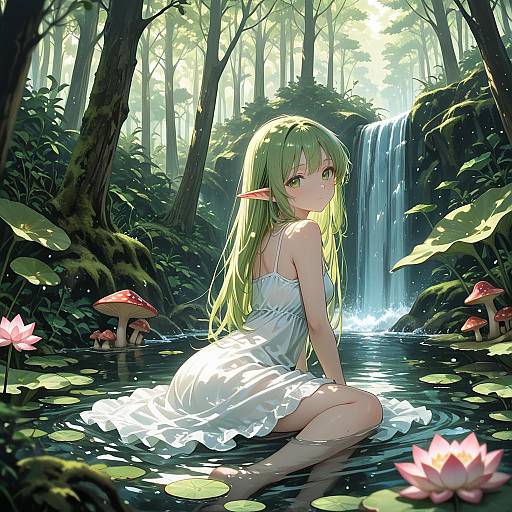 Enchanting Elf in Forest Waterfall