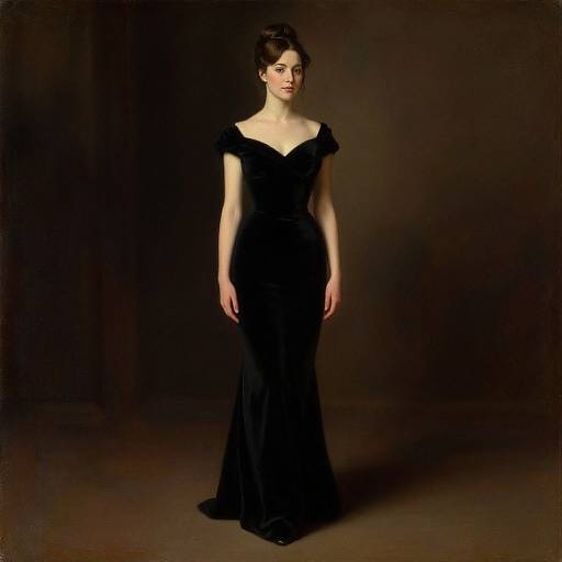 Photograph of a pale-skinned woman with dark hair in an elegant, off-shoulder black evening gown, standing against a dark, plain background