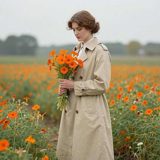 Photograph of a curly-haired woman in a beige trench coat, holding a bouquet of vibrant orange poppies, standing in a vast field of blooming