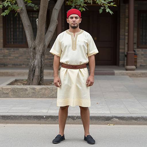 Photograph of a man with medium brown skin, short black beard, wearing a red cap, cream tunic with brown embroidery, brown belt, black