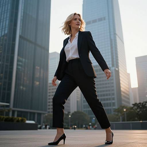 Photograph of a confident blonde woman in a black suit and white blouse, walking in a cityscape with tall skyscrapers at sunset.