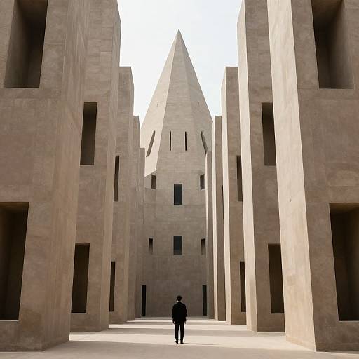 Photograph of a lone person in black standing between towering, beige, angular stone structures with rectangular cutouts, under bright sky.