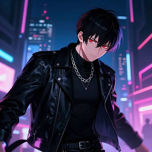 Anime-style digital artwork of a black-haired, red-eyed young man in a black leather jacket and chain, standing in a neon-lit futuristic cityscape