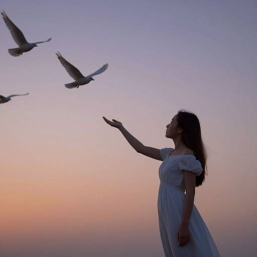 Silhouetted woman in flowing white dress extends arm to birds flying at dusk, against a gradient purple-orange sky. Photograph.