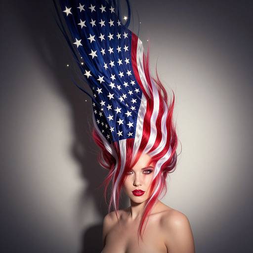 Digital art of a topless woman with red hair and white highlights, adorned with an American flag, shadowed against a gradient background.