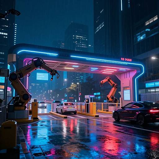 Neon-lit, futuristic gas station at night with two robotic arms, wet reflective street, and city skyscrapers in the background.
