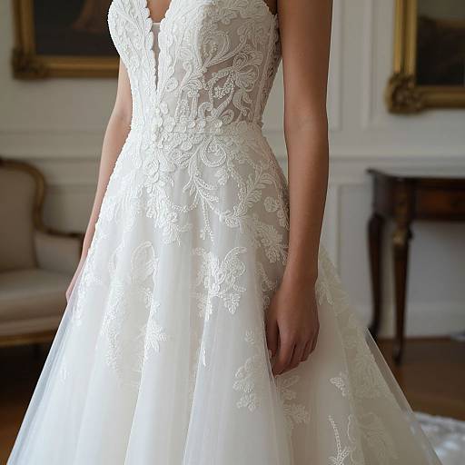 Photograph of a woman in an elegant, white lace wedding dress with intricate floral patterns, standing in a classic, softly lit room.