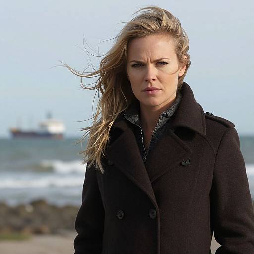 Photograph of a determined blonde woman with wind-blown hair, wearing a black coat, standing by a rocky seaside with a blurred ship in the background