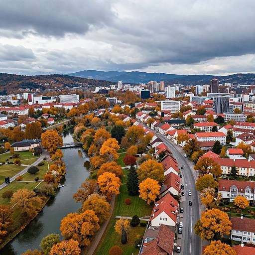 Aerial photograph of a suburban town with red-roofed houses, autumn-colored trees, a winding river, and a cloudy sky. Cityscape in