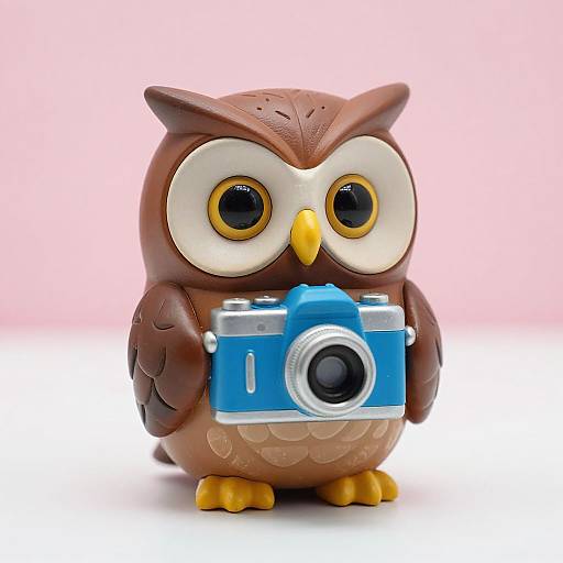 Cute, brown, cartoon owl figurine with large black and yellow eyes, holding a blue and silver camera, against a pink gradient background.