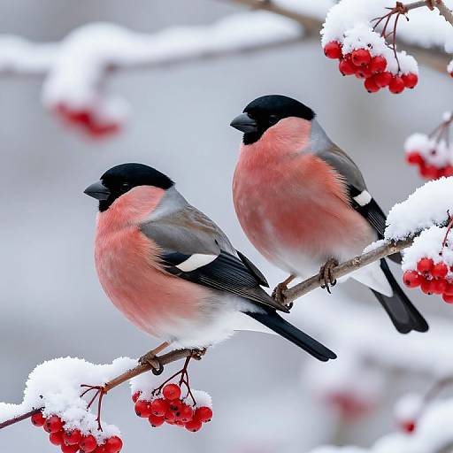 Eurasian Bullfinches on Snowy Branch