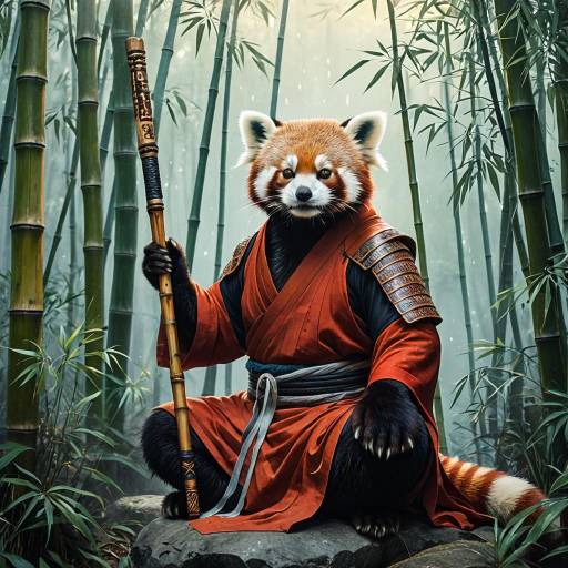 Red Panda Warrior Monk in Bamboo Forest Red Panda Warrior Monk in Bamboo Forest