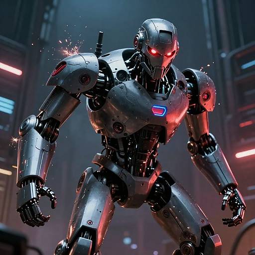 CGI image of a futuristic, silver, glowing-red-eyed robot with illuminated blue 