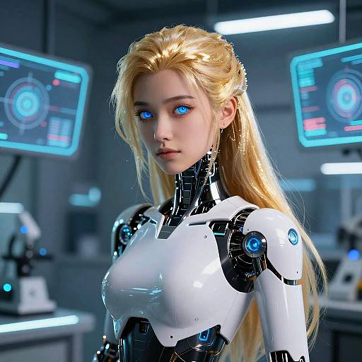 CGI image of a blonde, blue-eyed woman with a white and black robotic chest, in a futuristic lab with glowing blue screens.