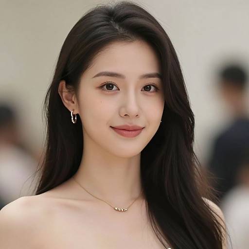 Photograph of a young Asian woman with long black hair, fair skin, subtle makeup, red lipstick, wearing a necklace and earrings. Blurred background