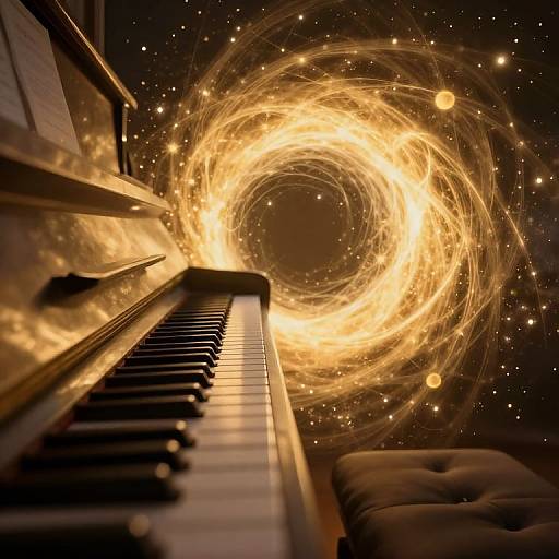 Photograph-like digital art: Close-up of a piano with glowing, swirling golden vortex in the background, surrounded by twinkling stars.