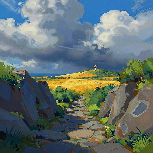 Expressive Landscape with Rocky Path and Stormy Skyline