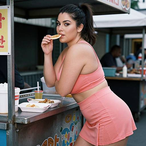 Photograph of a curvy woman with dark hair in a ponytail, wearing a pink sports bra and skirt, eating a taco at a colorful food