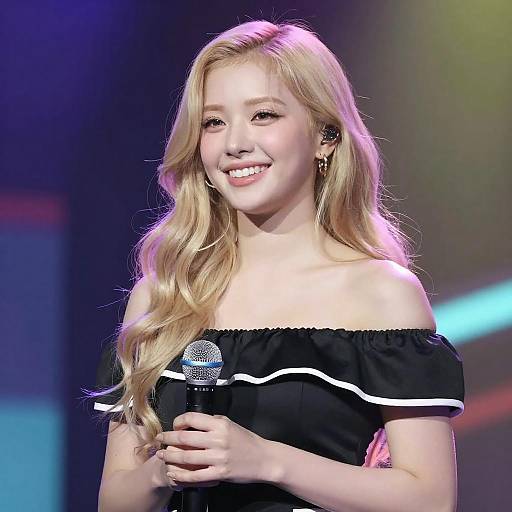 Smiling Woman Singing on Colorful Stage