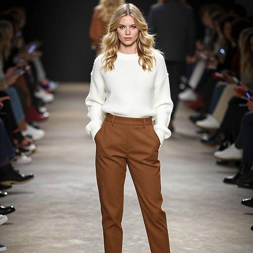 Photograph of a blonde woman with wavy hair, wearing a white textured sweater and brown high-waisted pants, walking down a brightly lit runway
