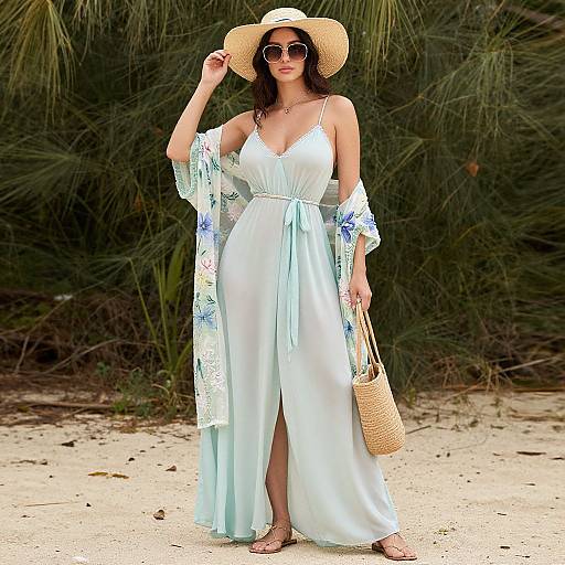 Photograph of a woman in a light blue, off-shoulder sundress, wide-brimmed straw hat, and sunglasses, standing on a