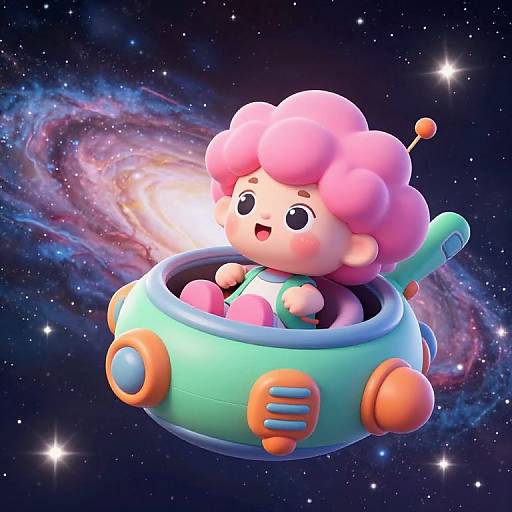 Cute cartoon child with pink curly hair in a colorful spaceship, floating in space with a vibrant galaxy background. Digital art.