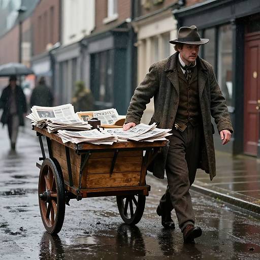 Photograph of a bearded man in 19th-century attire, brown coat, and hat, pushing a wooden cart of newspapers on a wet,