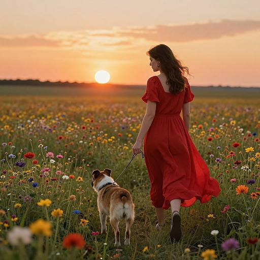 Photograph: Woman in red dress, long brown hair, holding leash of brown and white dog, walks through vibrant flower field at sunset.