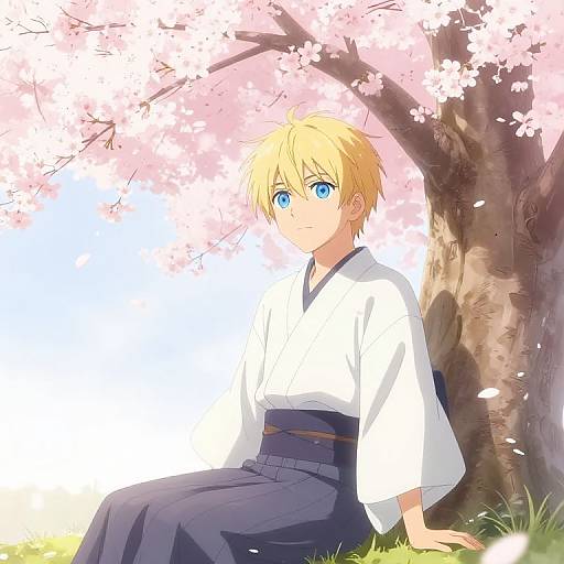 Anime-style drawing of a blonde, blue-eyed boy in a white kimono and navy hakama, sitting under a cherry blossom tree.
