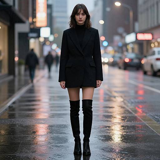 Confident Woman in Rainy Neon City