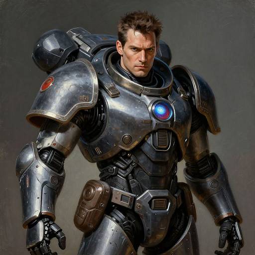 Photorealistic CGI of a muscular, serious-looking man in shiny, metallic sci-fi armor with blue chest light, gray background, and dark short hair