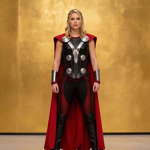 Woman in Red Black Outfit by Golden Wall