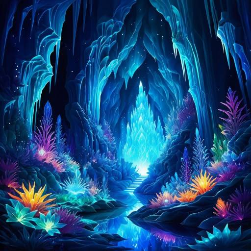 Fantasy Crystal Cave with Bioluminescent Plants