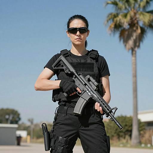 Photograph of a serious-looking woman with dark hair in a ponytail, wearing black tactical gear, sunglasses, and holding an assault rifle, standing outdoors