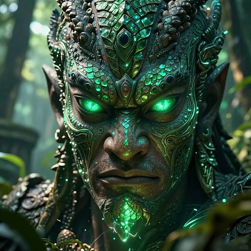 CGI fantasy image of a fierce, green-eyed, dark-skinned, ornate-faced elf with glowing green patterns and intricate jewelry in a mystical forest