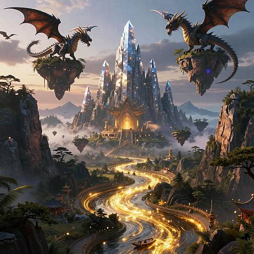 Fantasy Crystal Mountains with Dragons