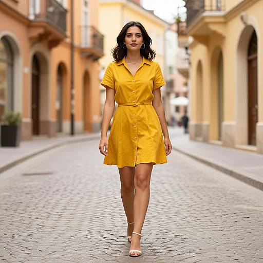 Photograph of a confident woman with dark hair, wearing a bright yellow short-sleeved dress and white sandals, walking down a cobblestone street