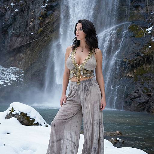 Photograph of a curvy woman with dark wavy hair, wearing a deep V-neck, gold-trimmed top and flowing gray pants, standing