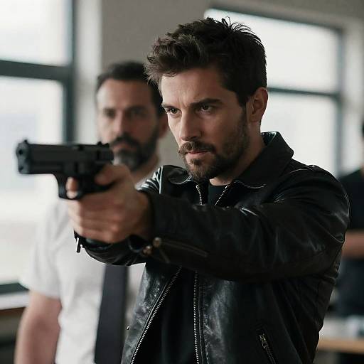 Photograph of a bearded man with dark hair in a black leather jacket, aiming a handgun forward, with a blurred man in the background. Bright