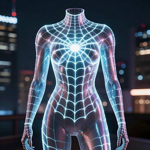 Neon wireframe female figure in spiderweb pattern, illuminated against a night cityscape with blurred skyscrapers. Digital art.