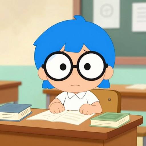 Cartoon of a blue-haired child with large black glasses, wearing a white shirt, sitting at a desk with books, looking confused in a classroom.